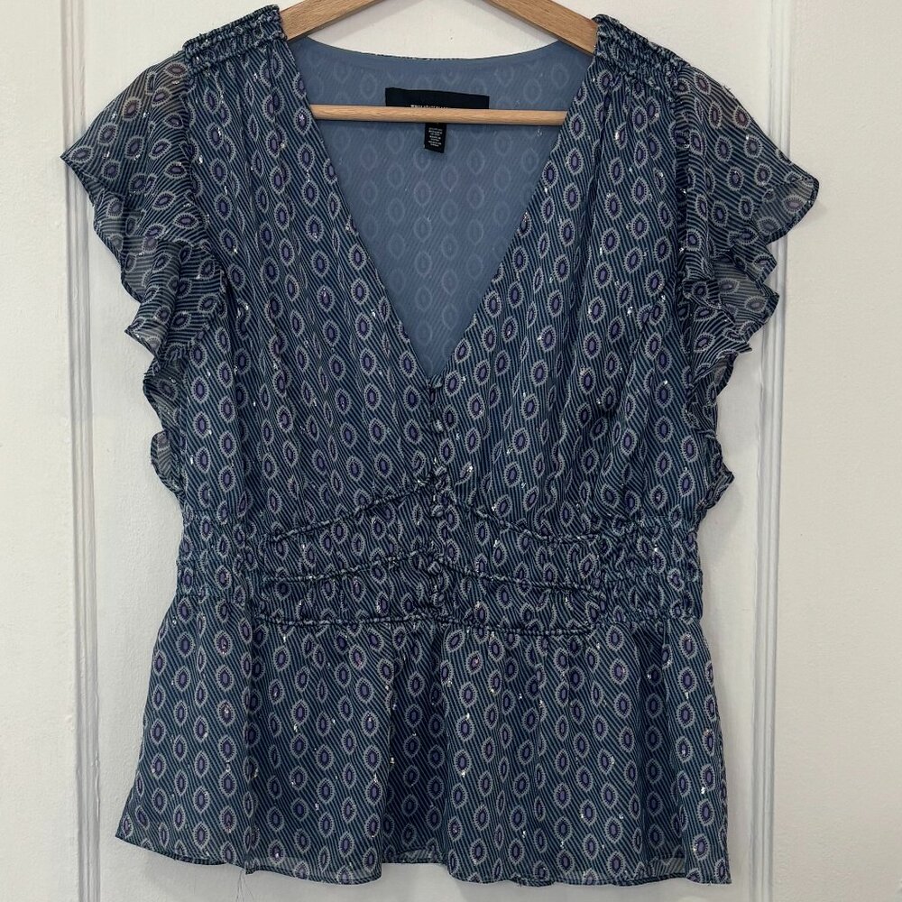 White House Black Market Women's Blue Geo Print Ruffle Sleeves Blouse Top, Sz M